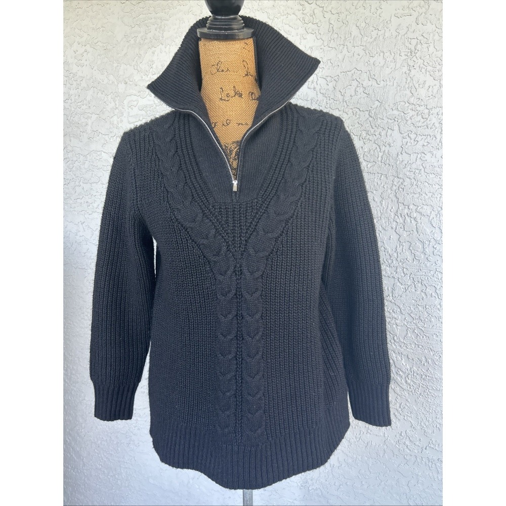 Talbots Womens Black Cable Knit Quarter Zip Sweater Wool Blend Size M Petite